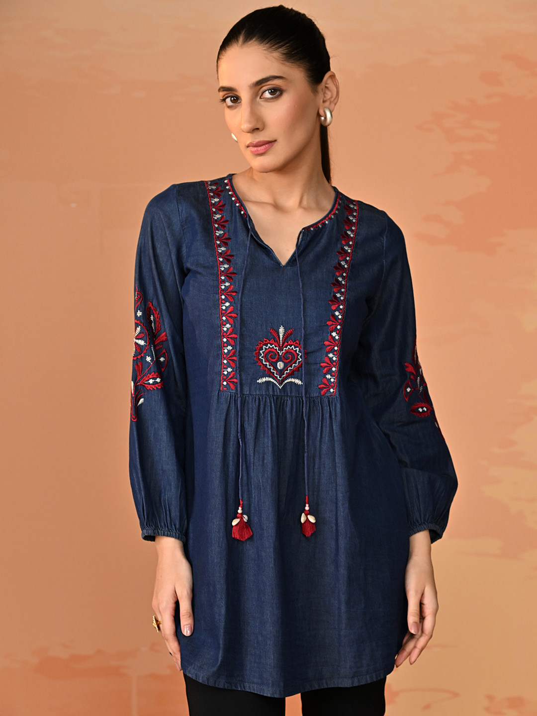Lakshita Women Dark Blue Embroidered Denim Top