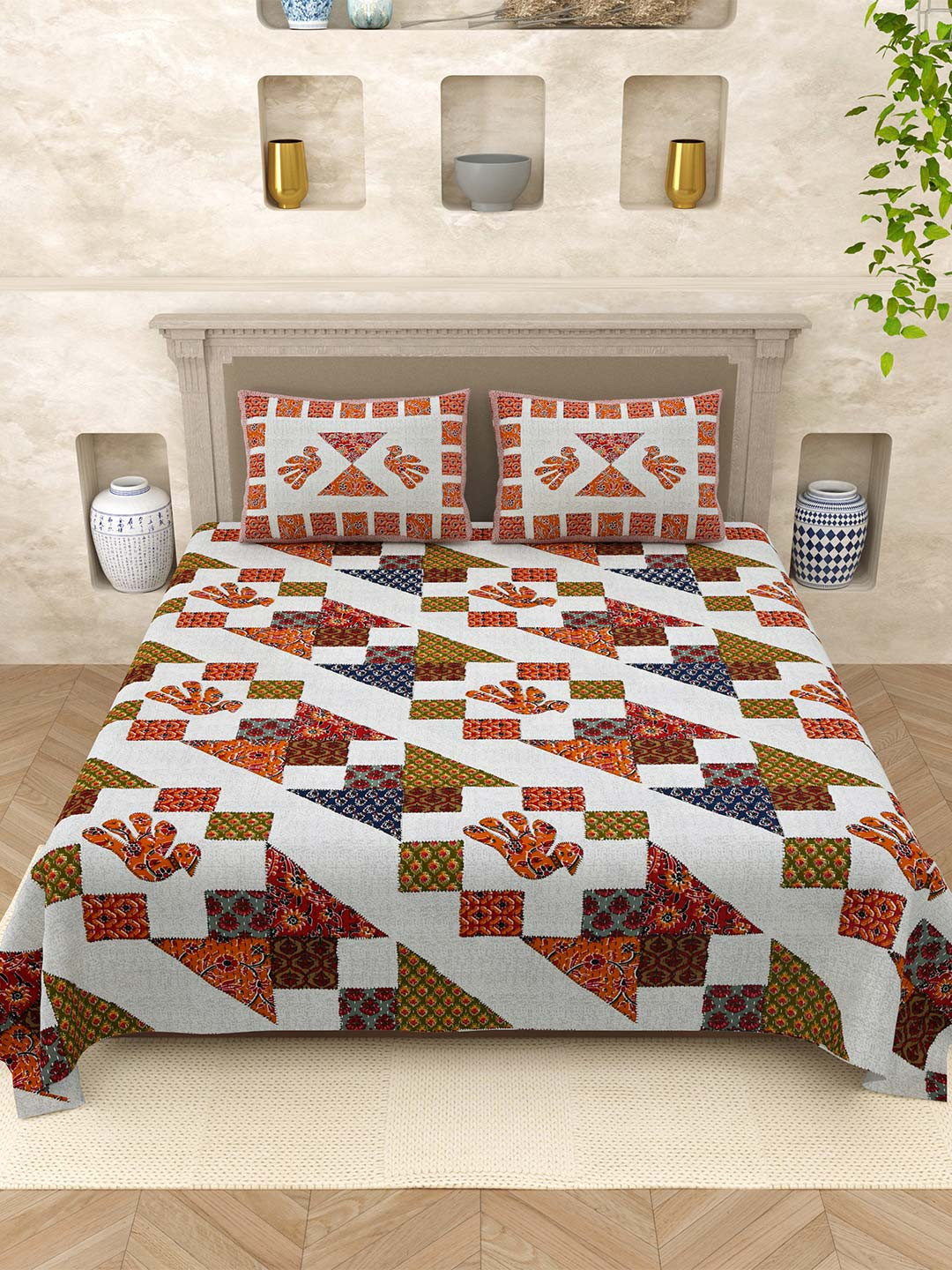 Varde Opulent Orange Floral Cotton 210 TC King Fine Bedsheet with 2 Pillow Covers-108 x 100 inches