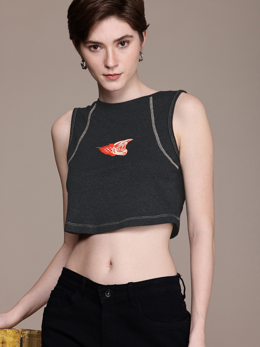 The Roadster Life Co. Sleeveless Slim Fit Crop T-shirt
