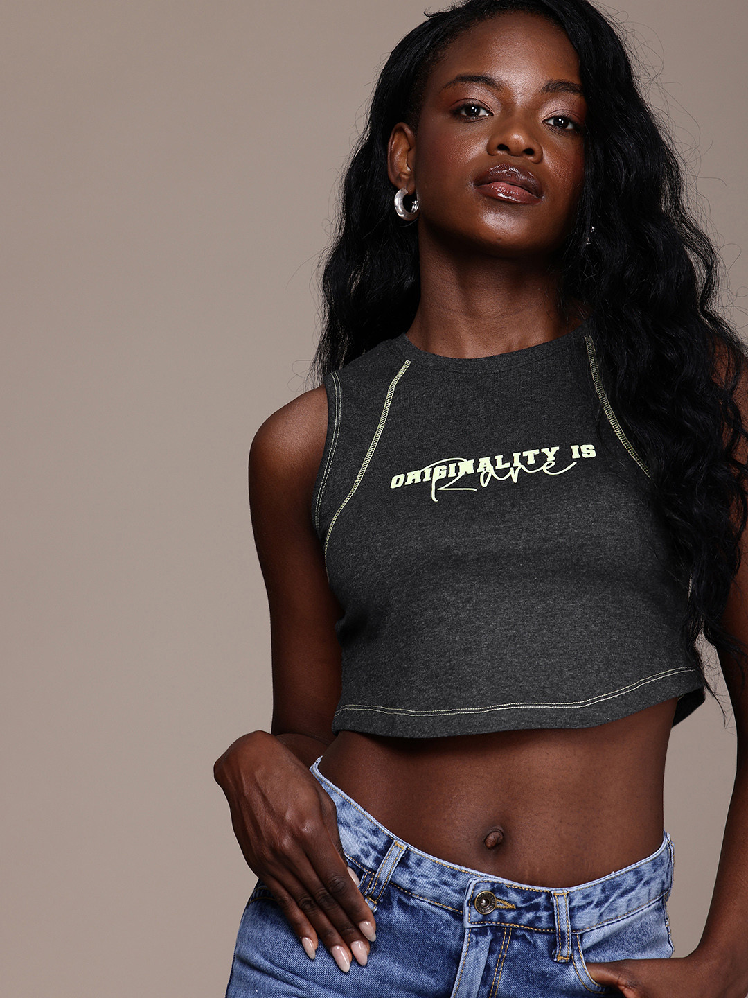 The Roadster Life Co. Typography Printed Sleeveless Slim Fit Crop T-shirt