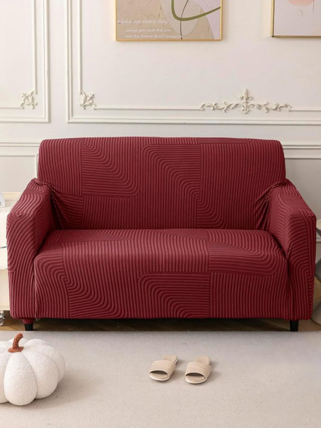 HOUSE OF QUIRK Maroon Self Design Jacquard Soft Touching 2 Seater Sofa Cover