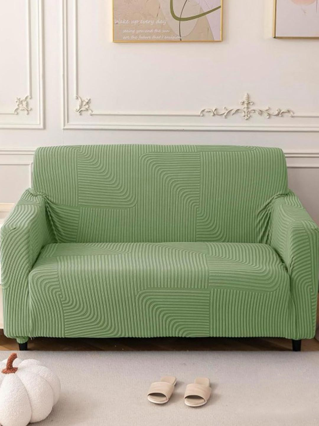 HOUSE OF QUIRK Green Self Design Jacquard Soft Touching 3 Seater Sofa Cover