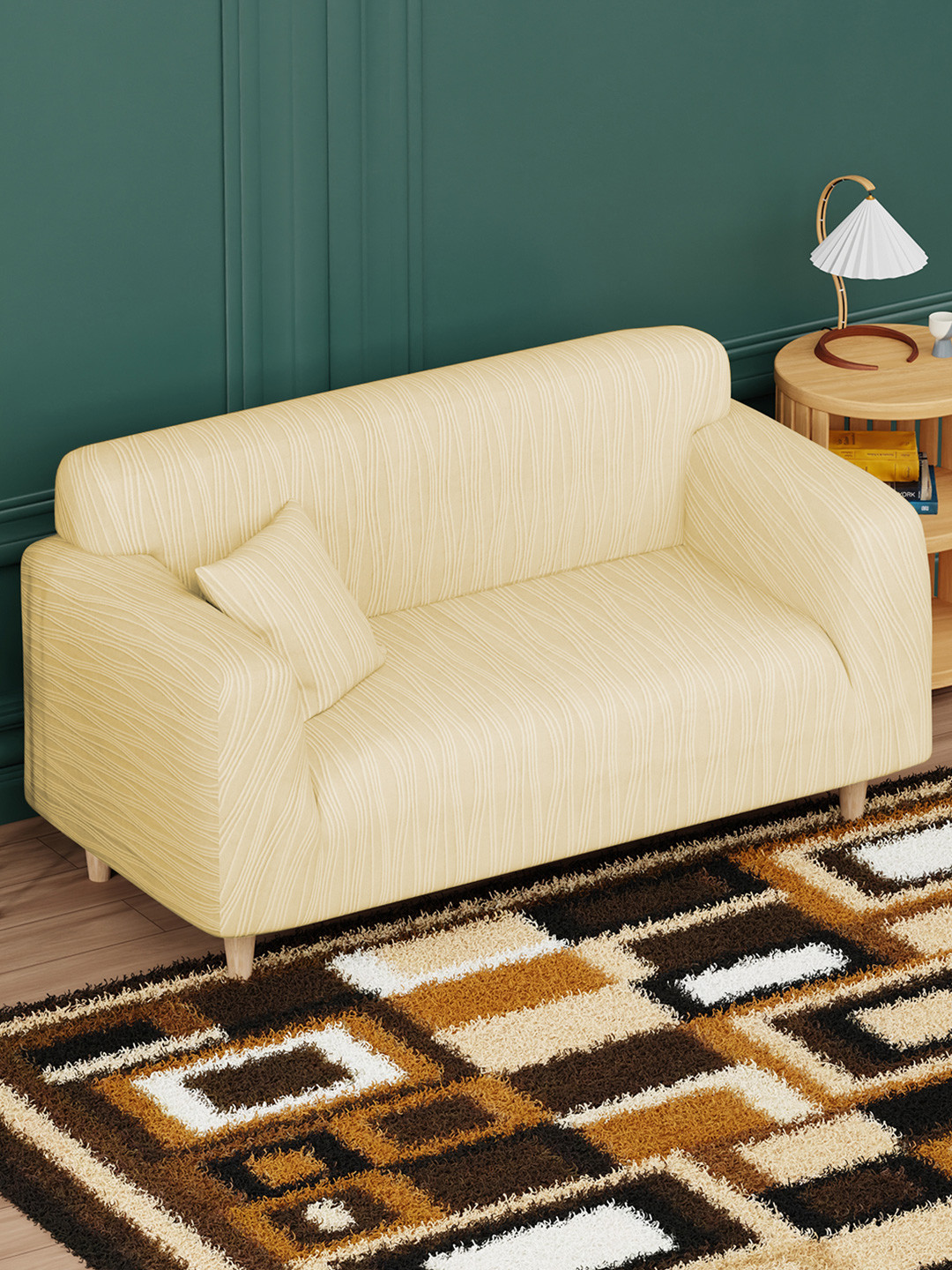 Lukzer Yellow Wavy Stripes Pattern 2 Seater Sofa Cover With Arms