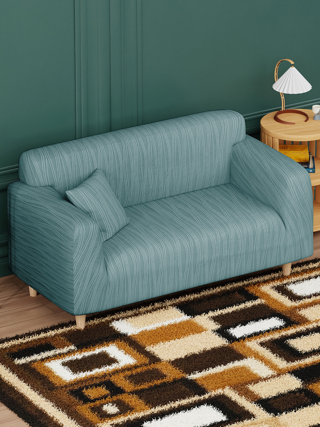 Lukzer Blue Wavy Stripes Pattern 2 Seater Sofa Cover With Arms