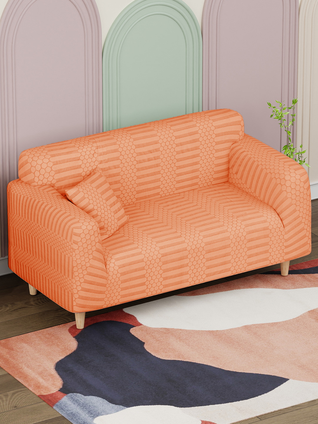 Lukzer Orange Printed 2-Seater Sofa Cover With Arms