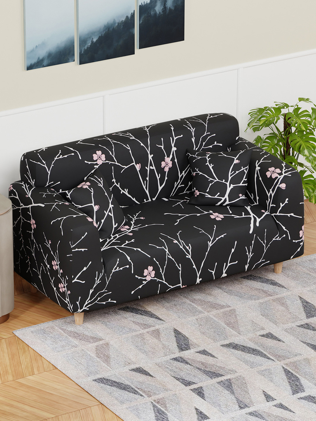 Lukzer Black and White Floral Printed 2-Seater Sofa Cover With Arms