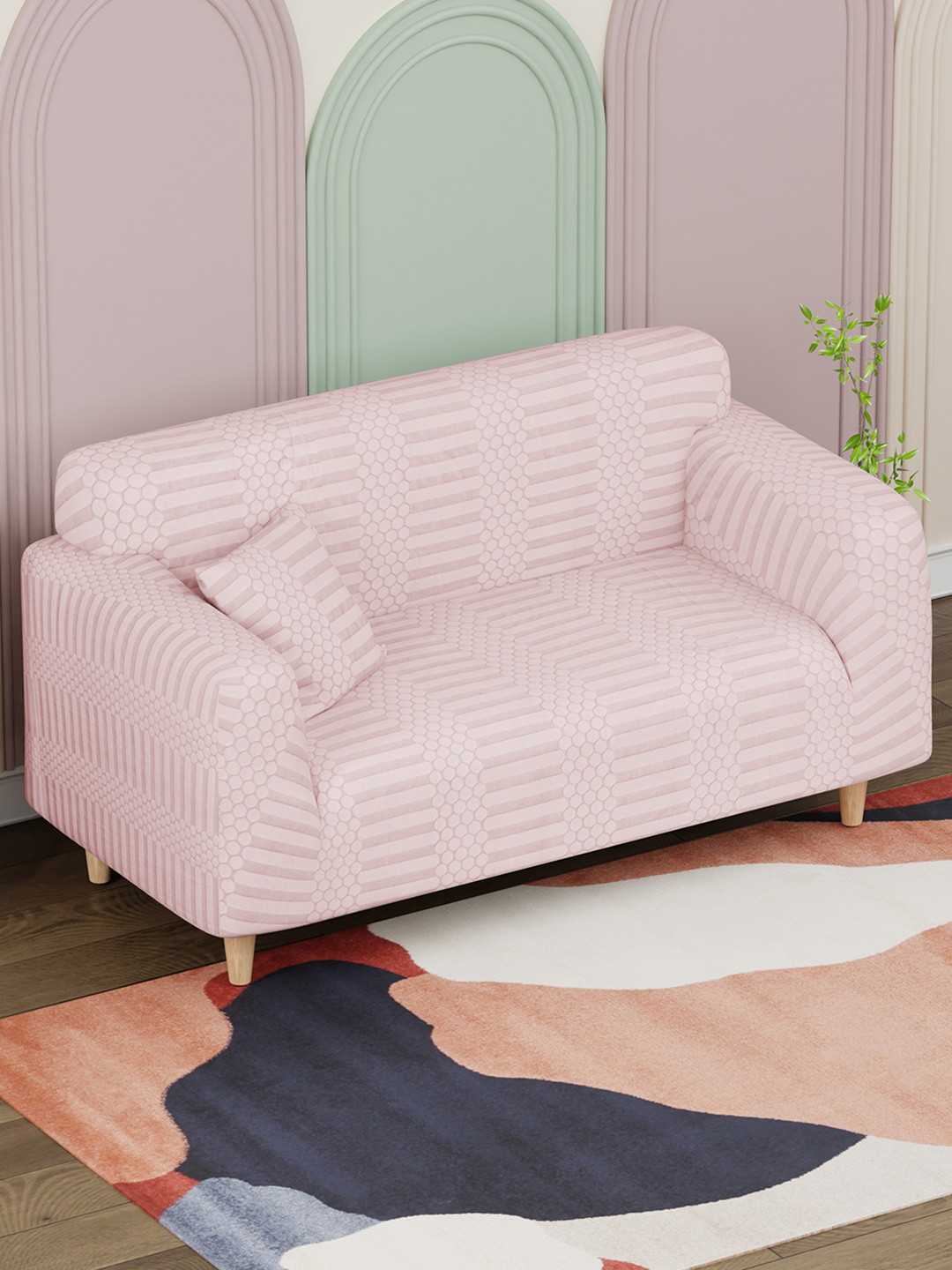 Lukzer Pink Dotted Stripe Pattern 2 Seater Sofa Cover With Arms