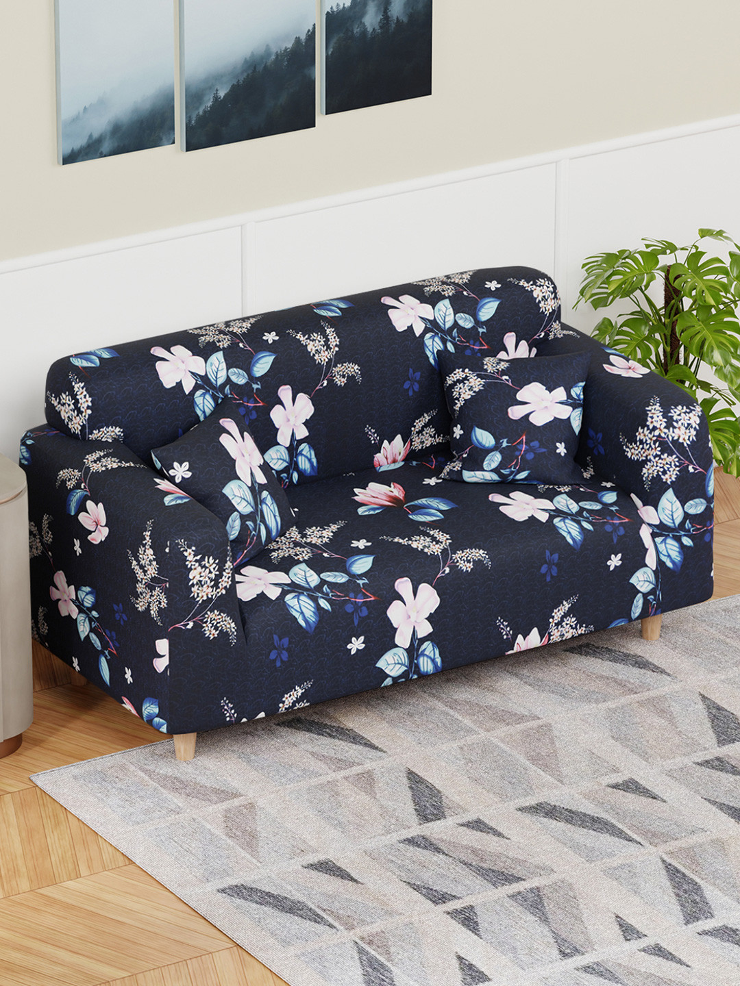 Lukzer Blue and White Floral Printed 2-Seater Sofa Cover With Arms