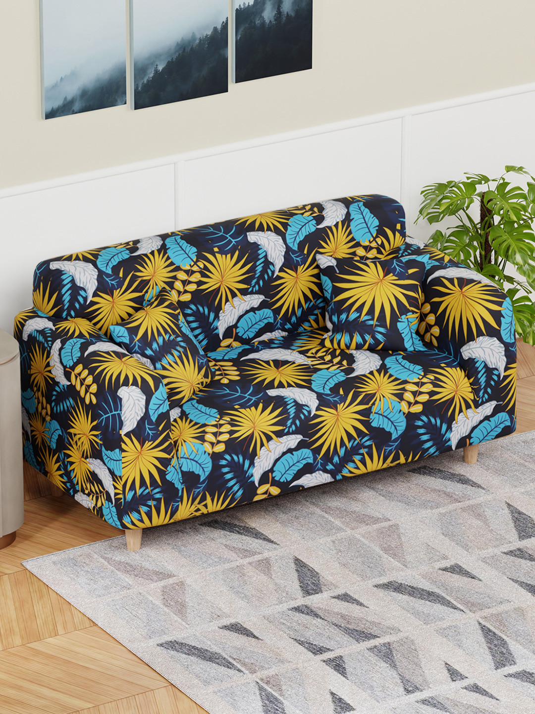 Lukzer Yellow and Navy Blue Floral Printed 2-Seater Sofa Cover With Arms