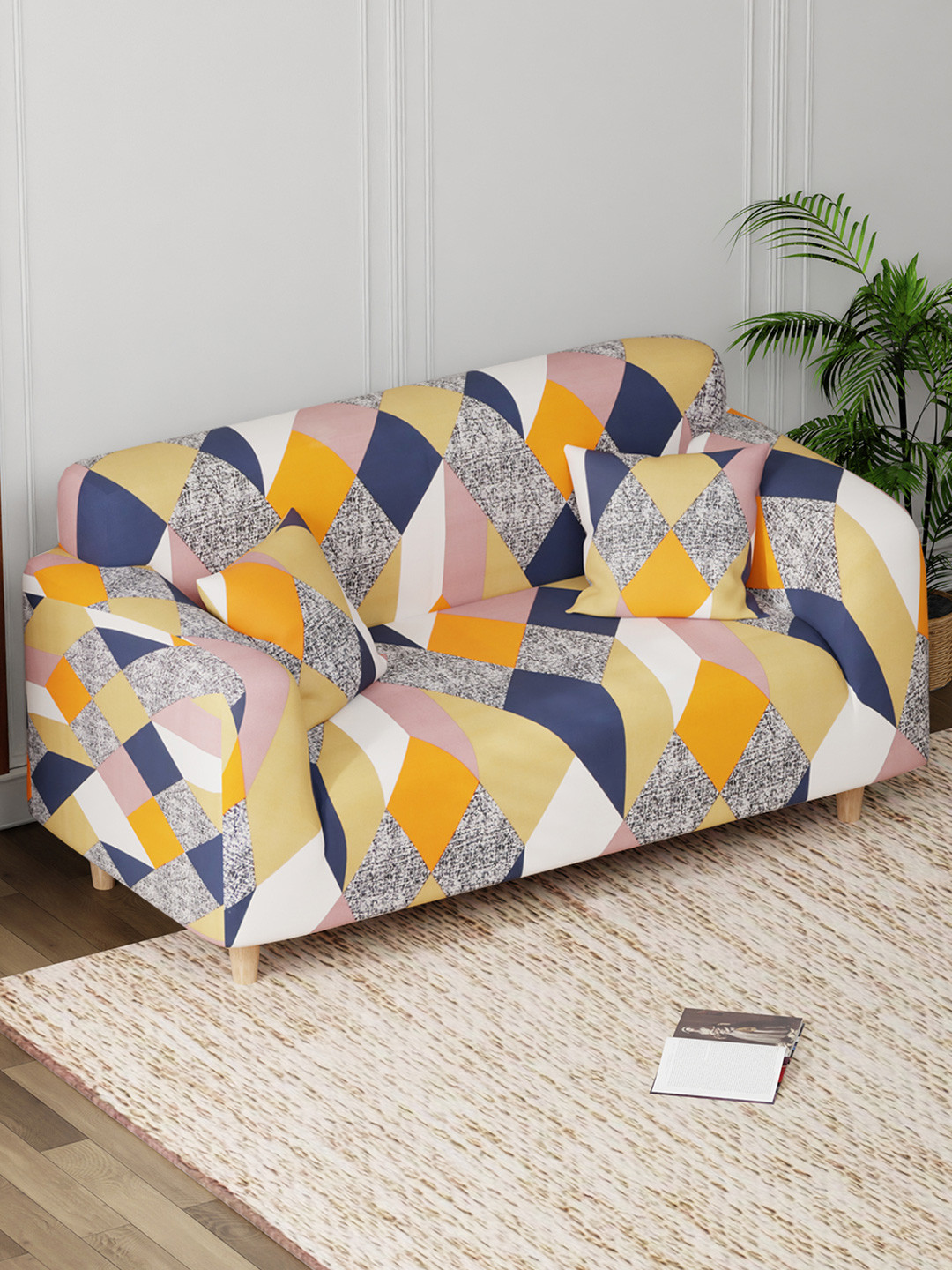 Lukzer Orange and Navy Blue Geometric Printed 2-Seater Sofa Cover With Arms