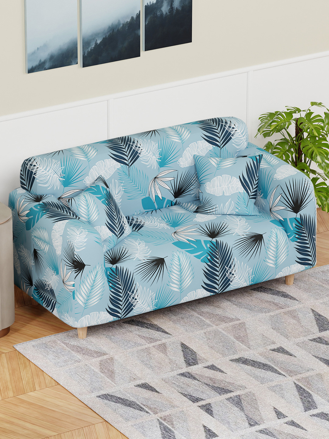 Lukzer Blue and White Floral Printed 2-Seater Sofa Cover With Arms