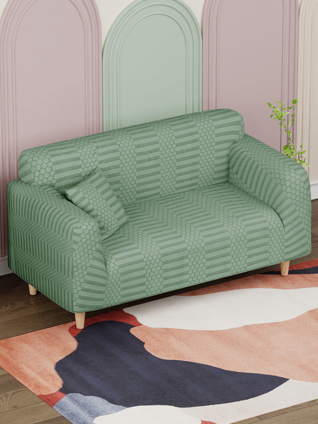 Lukzer Green Dotted Stripe Pattern 2 Seater Sofa Cover With Arms