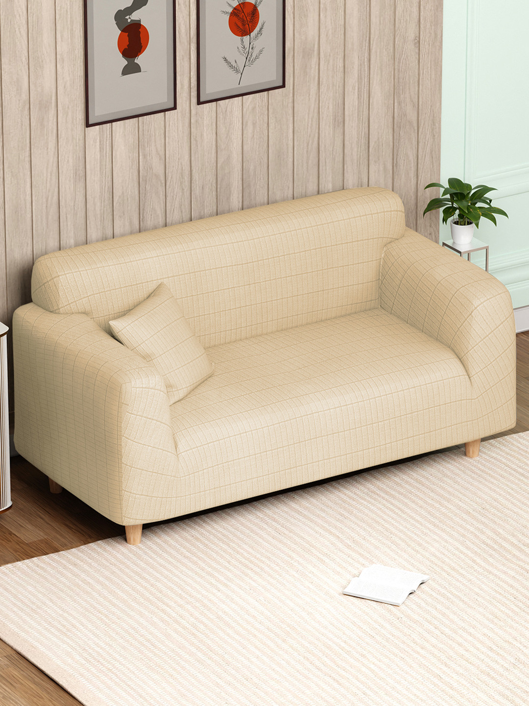Lukzer Cream-Coloured Textured 2 Seater Sofa Cover With Arms