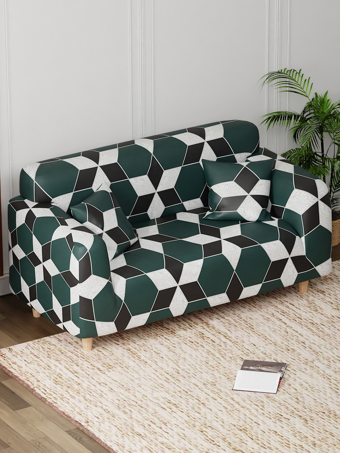 Lukzer Green and Black Geometric Printed 2-Seater Sofa Cover With Arms
