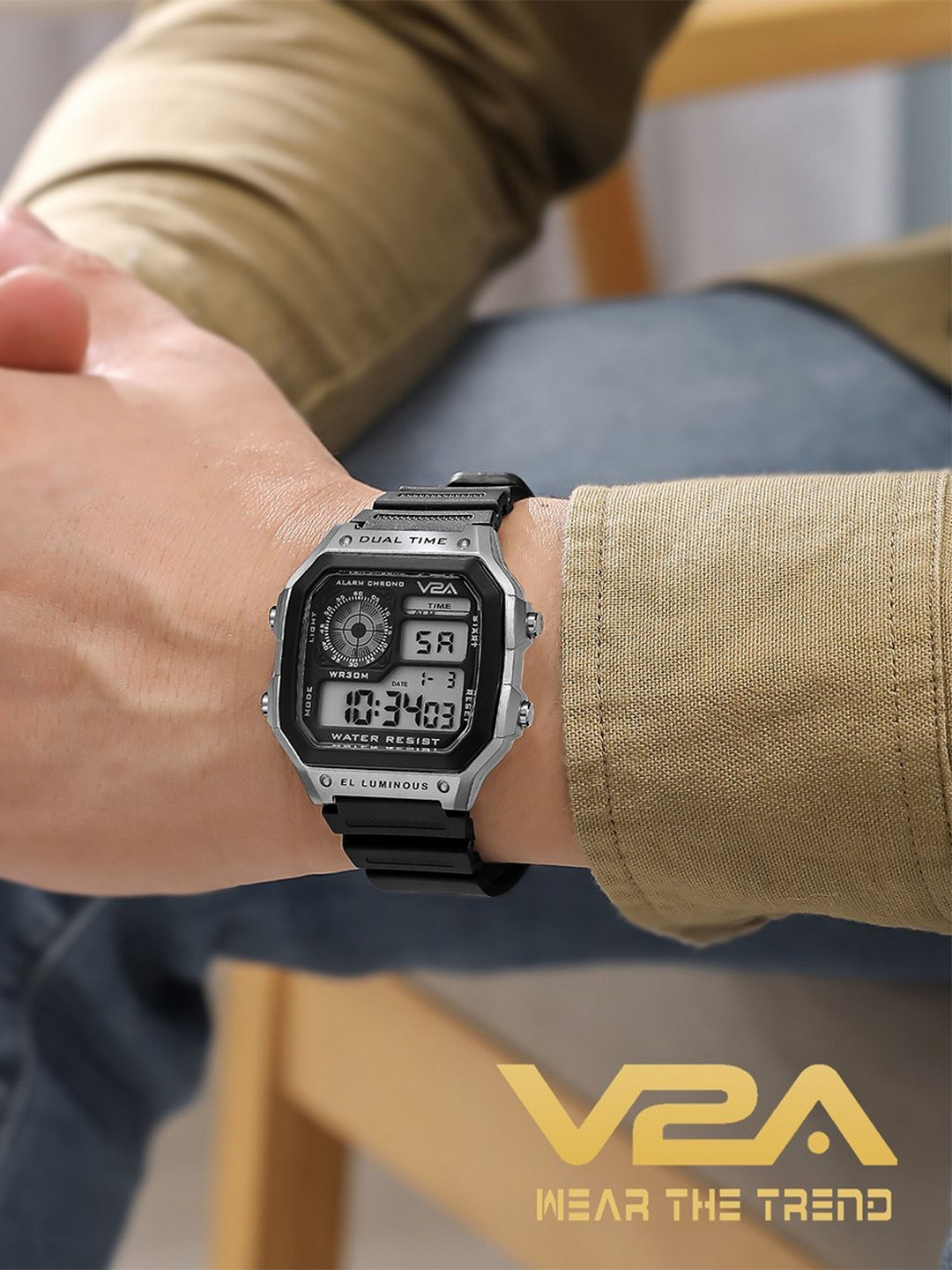 V2A Men Dial & Bracelet Style Straps Digital Watch V2A-1299-Black-Silver-01