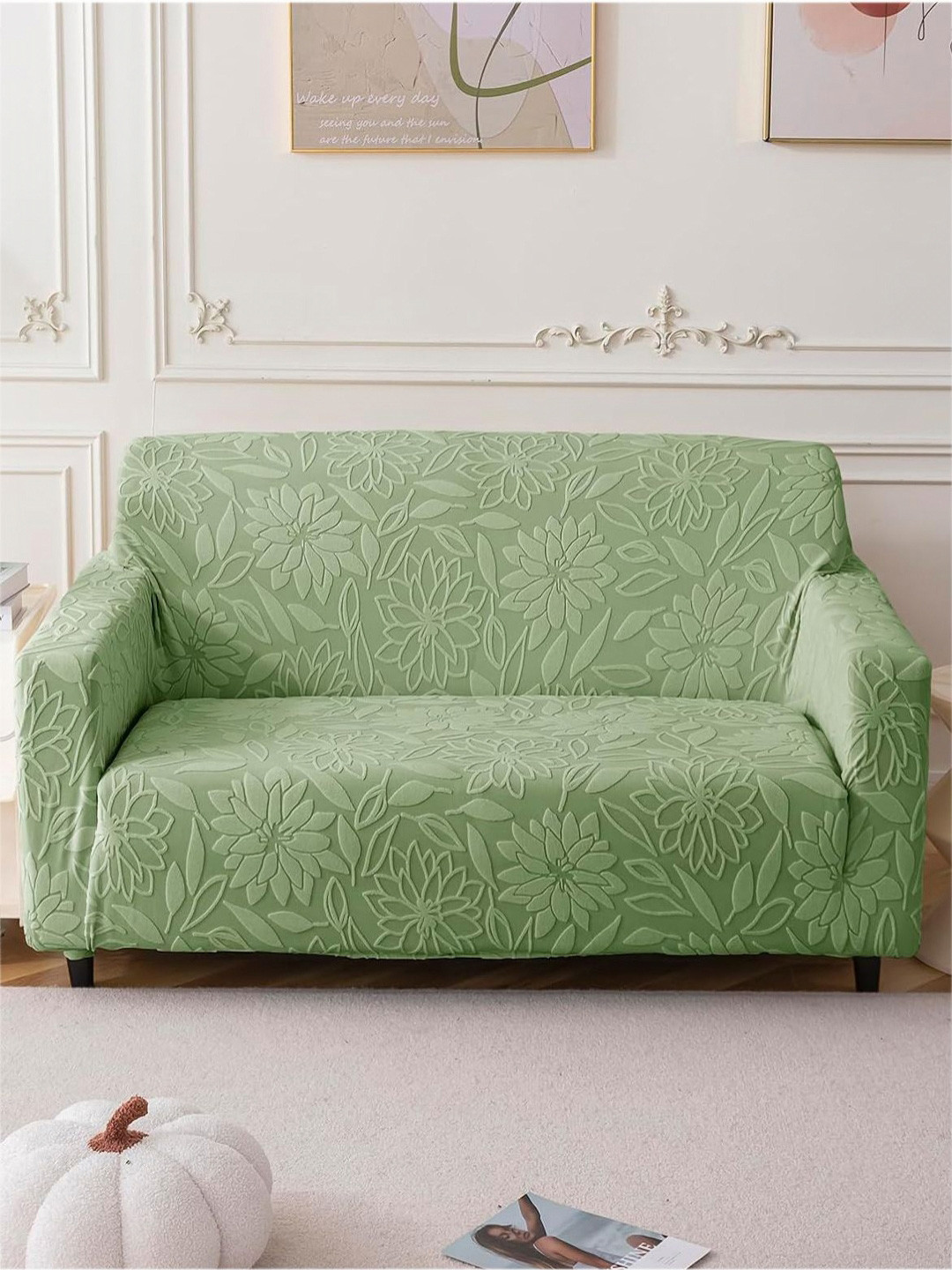 HOUSE OF QUIRK Green Self Design Jacquard Soft Touching 3 Seater Sofa Cover