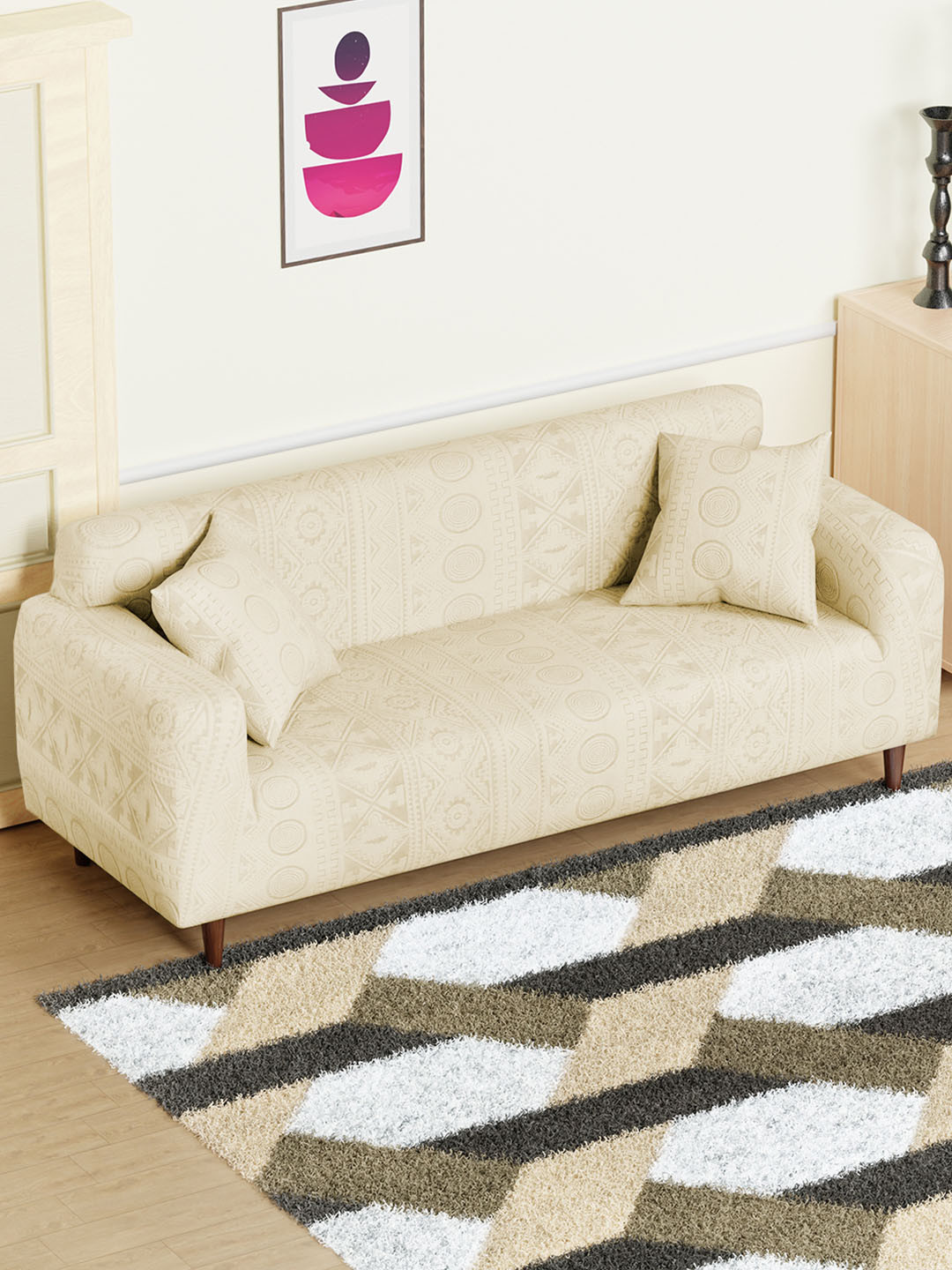 Lukzer Yellow Tribal Pattern 3 Seater Sofa Cover With Arms