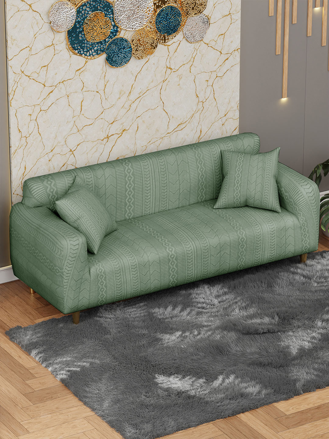 Lukzer Green Dotted Stripe Pattern 3 Seater Sofa Cover With Arms