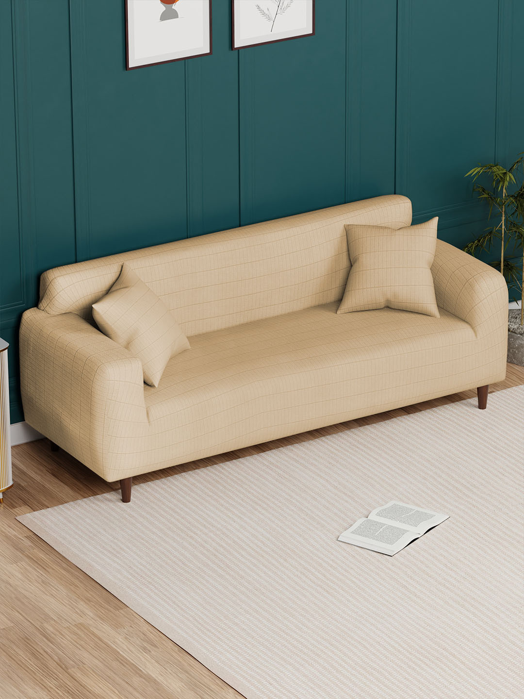 Lukzer Cream-Coloured Textured 3 Seater Sofa Cover With Arms
