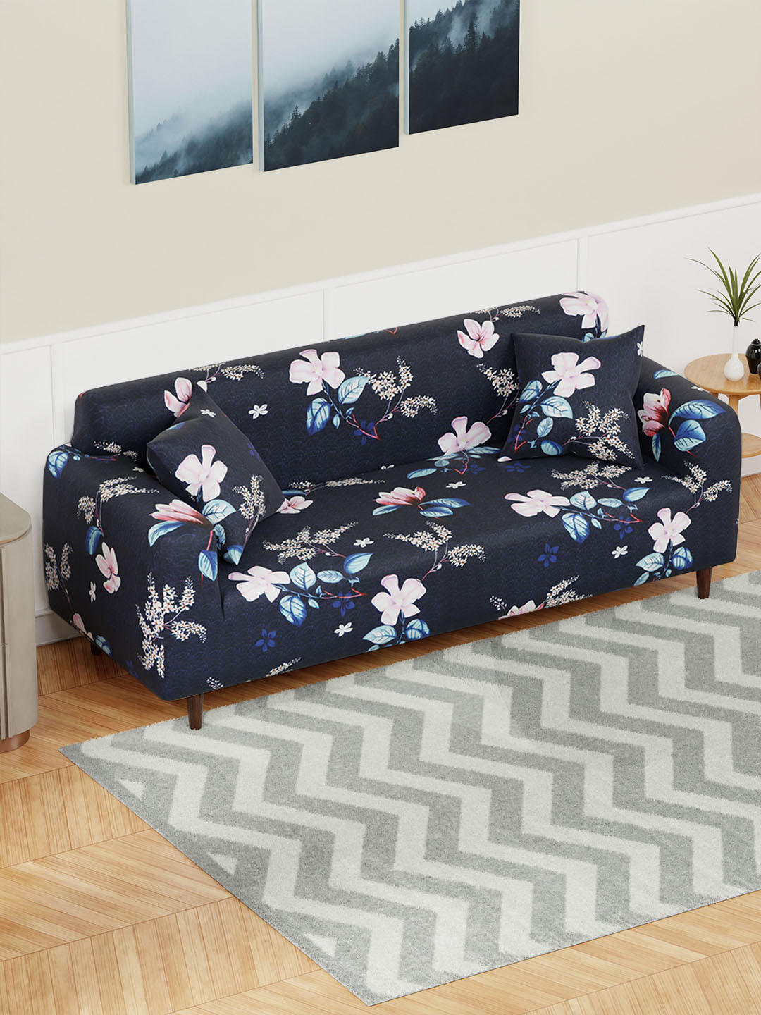 Lukzer Blue and Pink Floral Printed 3-Seater Sofa Cover With Arms