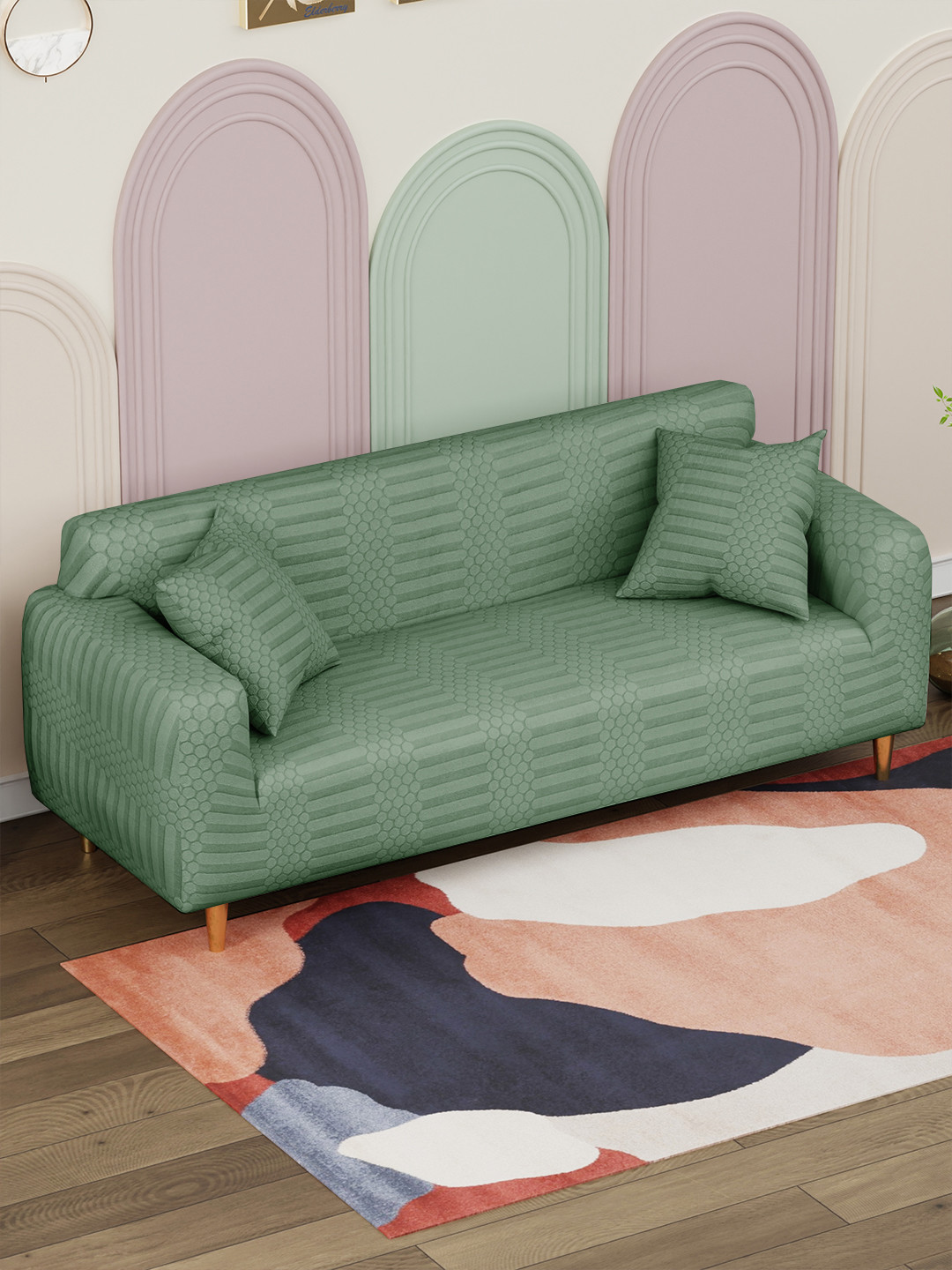 Lukzer Green Dotted Stripe Pattern 3 Seater Sofa Cover With Arms