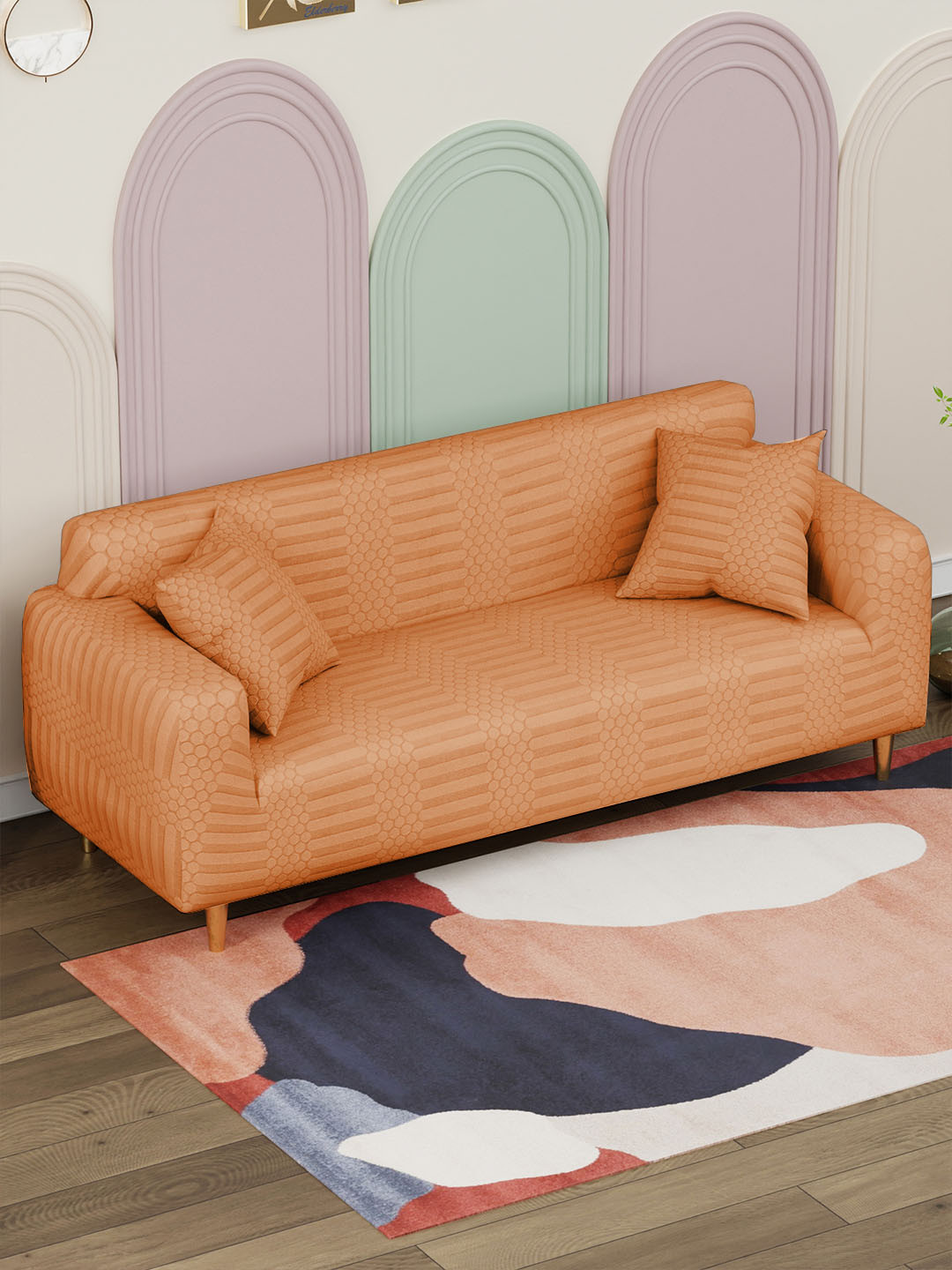 Lukzer Orange Coloured Dotted Stripe Pattern 3 Seater Sofa Cover With Arms