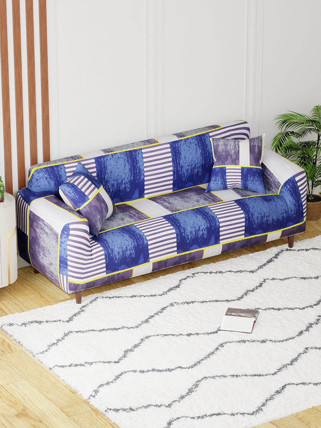 Lukzer Blue and White Printed 3-Seater Sofa Cover With Arms