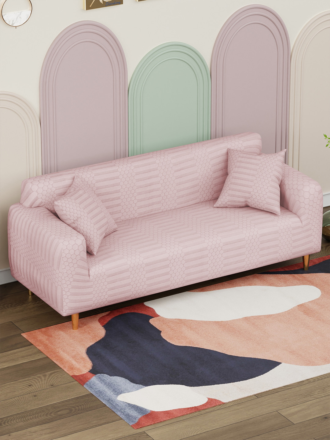 Lukzer Pink Dotted Stripe Pattern 3 Seater Sofa Cover With Arms