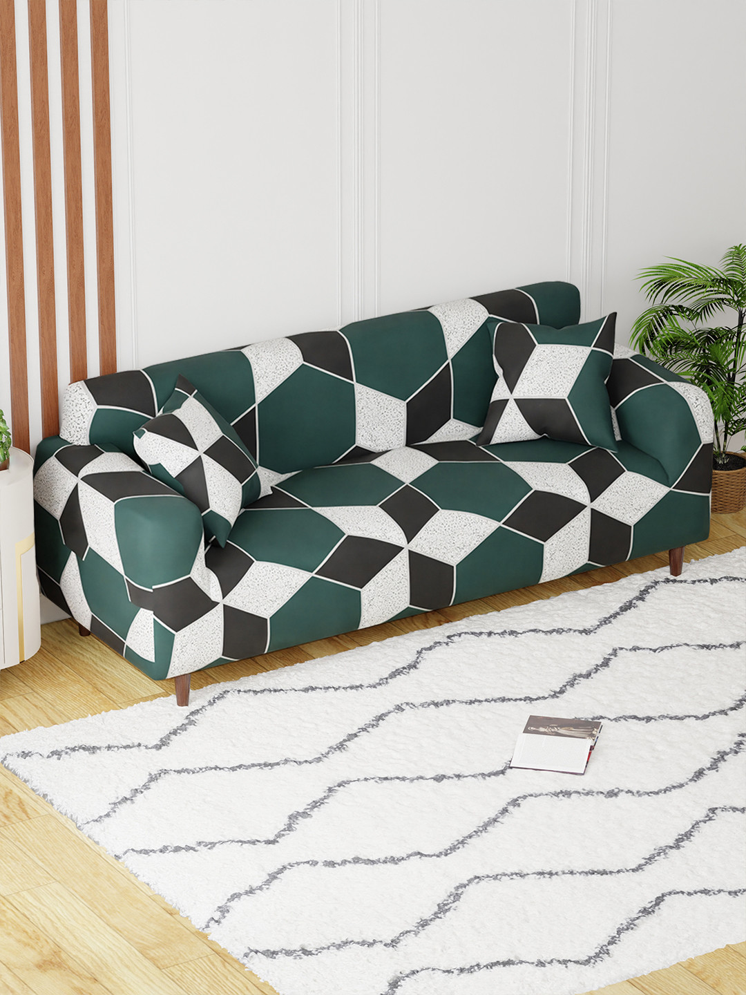 Lukzer Green & Black Honeycomb Printed 3 Seater Sofa Cover With Arms