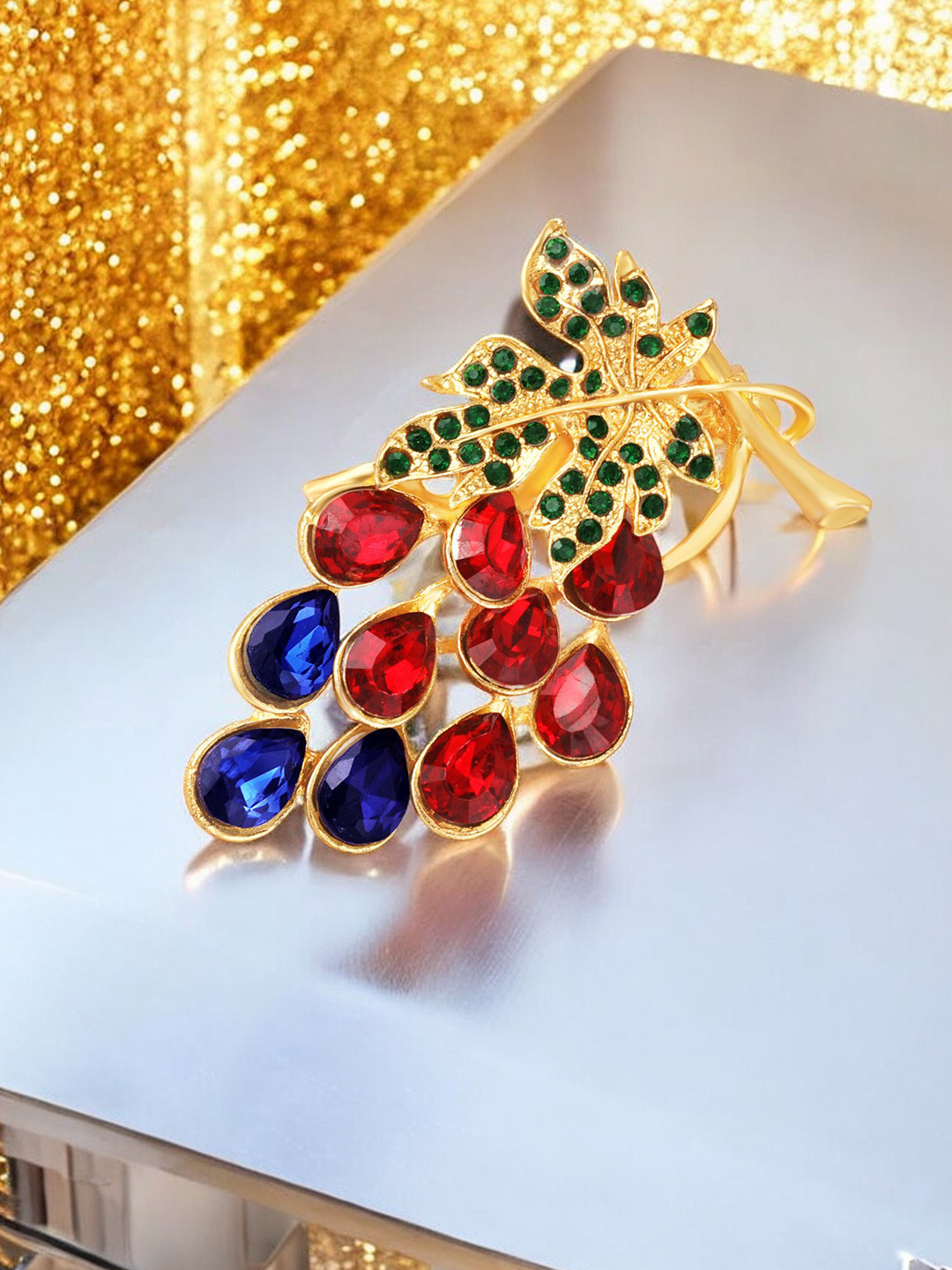 Mahi Gold-Toned Crystals Studded Vintage Leaf Brooch