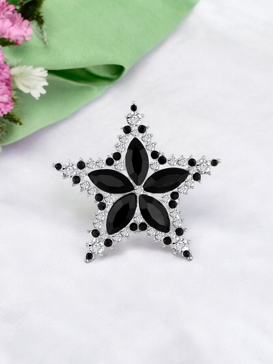 Mahi Silver-Toned & Black Twinkling Star Brooch