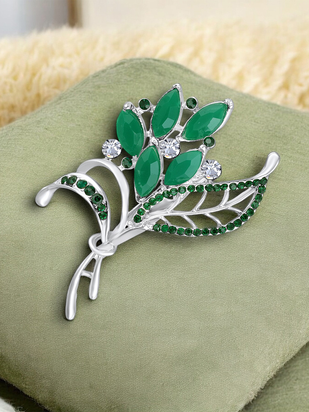 Mahi Green & Silver-Toned Studded Bouquet Brooch