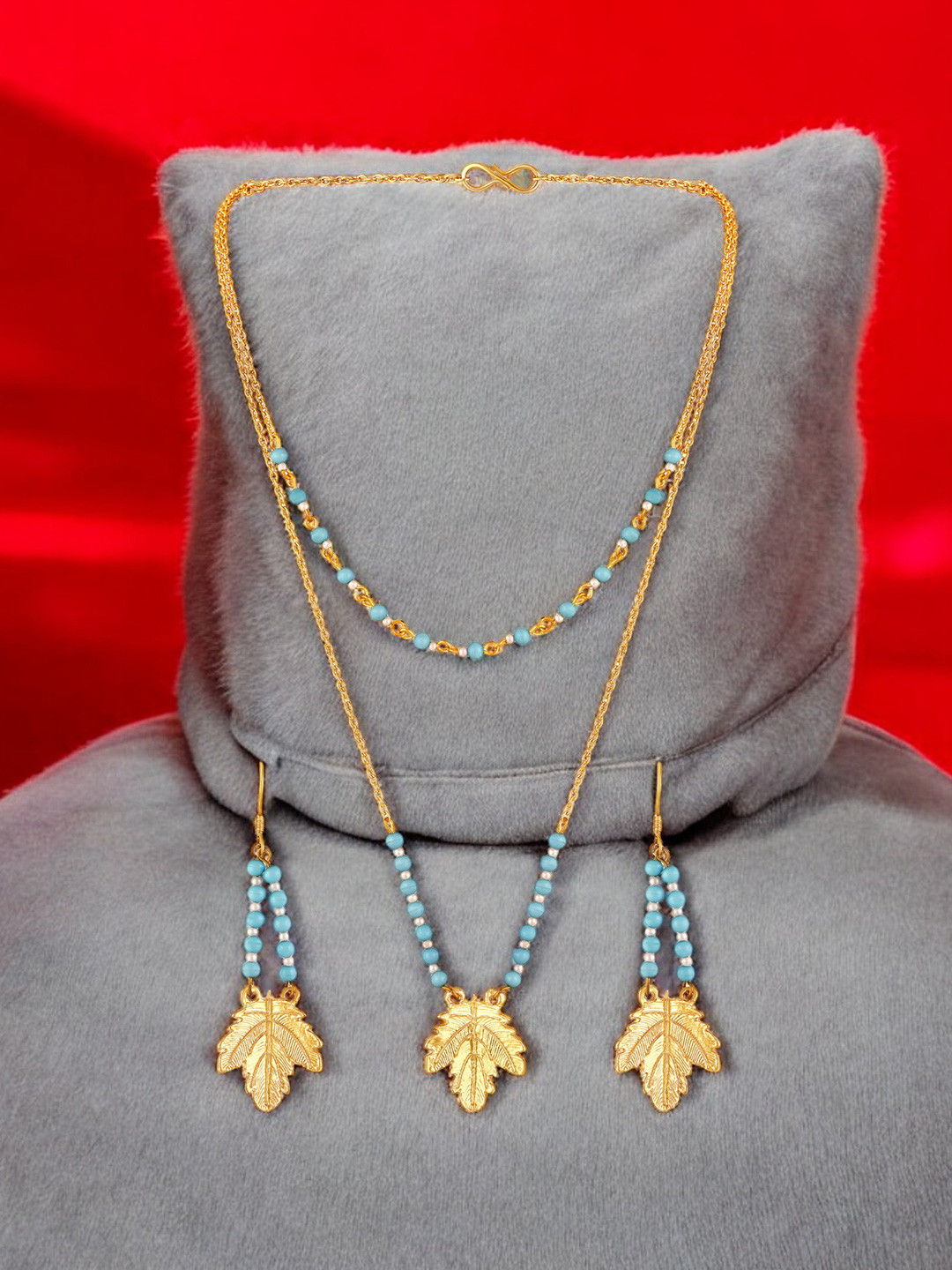 Mahi Gold-Plated Beaded Dual Layer Mapel Leaf-Shaped Necklace and Earrings