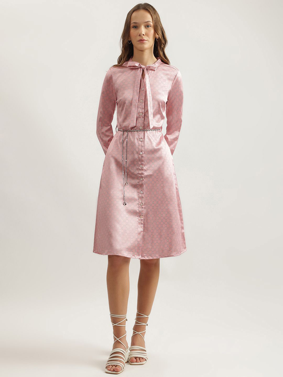 Iconic Geometric Printed Tie-Up Neck Shirt Cotton Dress