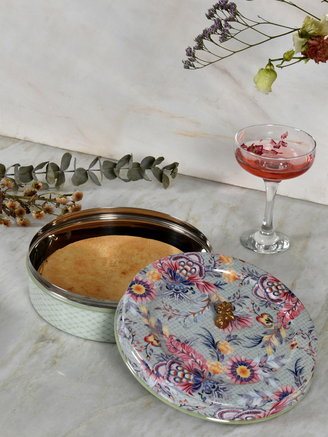 Living With Elan Gingham & Blooms Green Floral Printed Air-Tight Roti Box 1500 ml