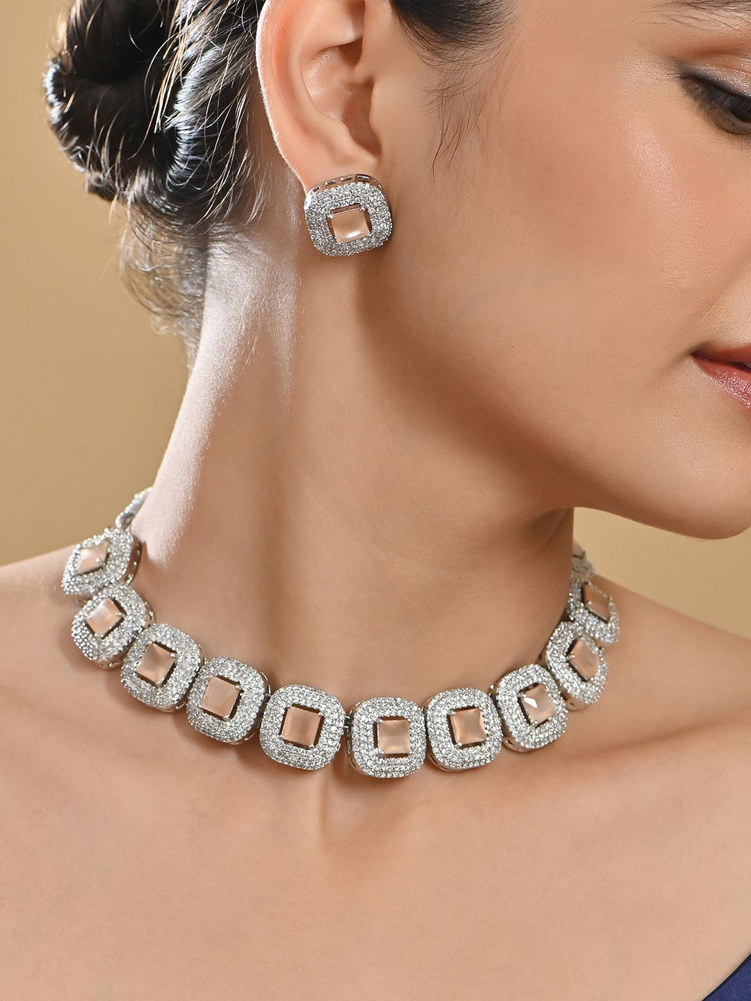 Fida Sliver-Plated AD-Studded Necklace and Earrings