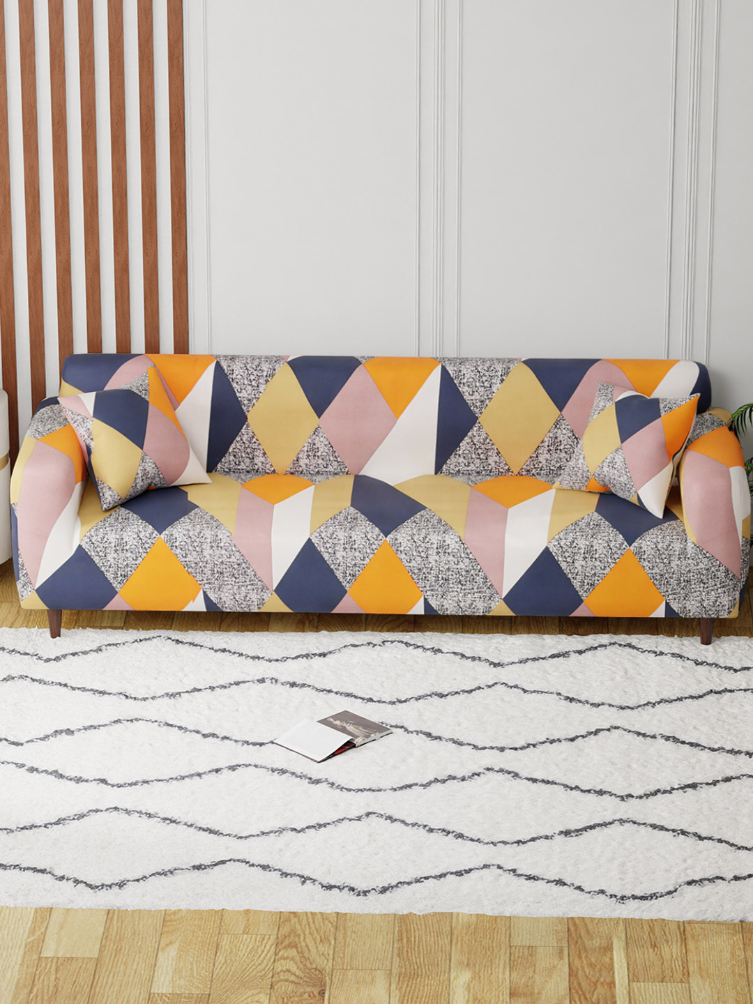 Lukzer Blue and Orange Geometric Printed 4-Seater Sofa Cover With Arms