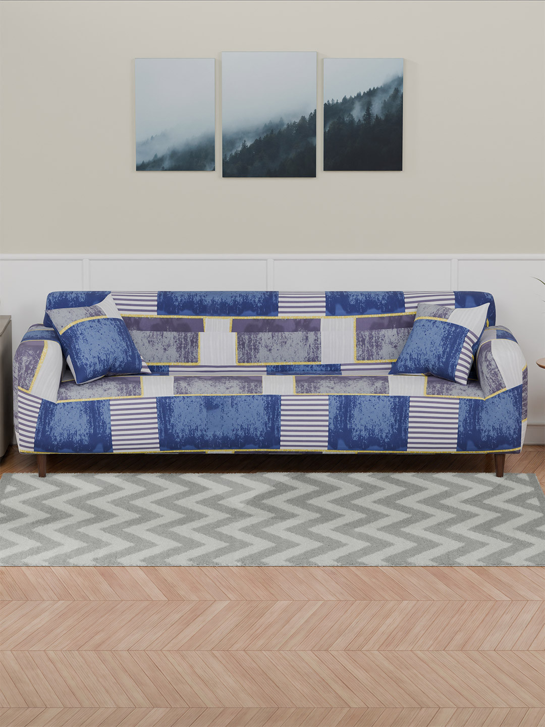Lukzer Blue and White Geometric Printed 4-Seater Sofa Cover With Arms