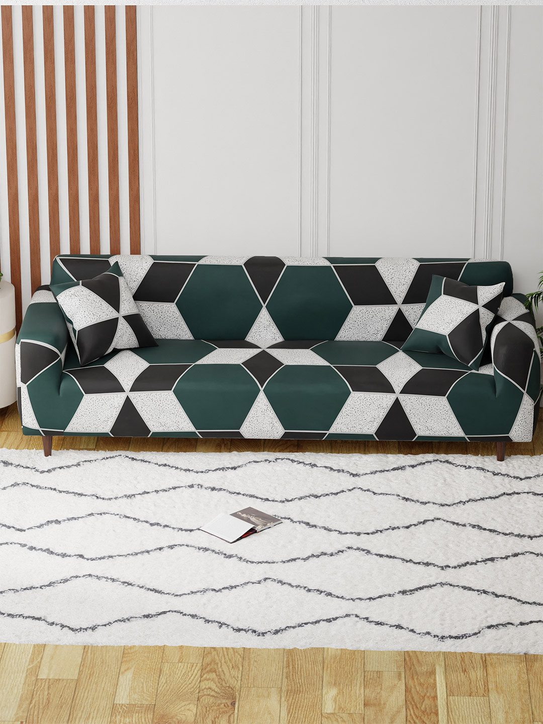 Lukzer Green and White Geometric Printed 4-Seater Sofa Cover With Arms