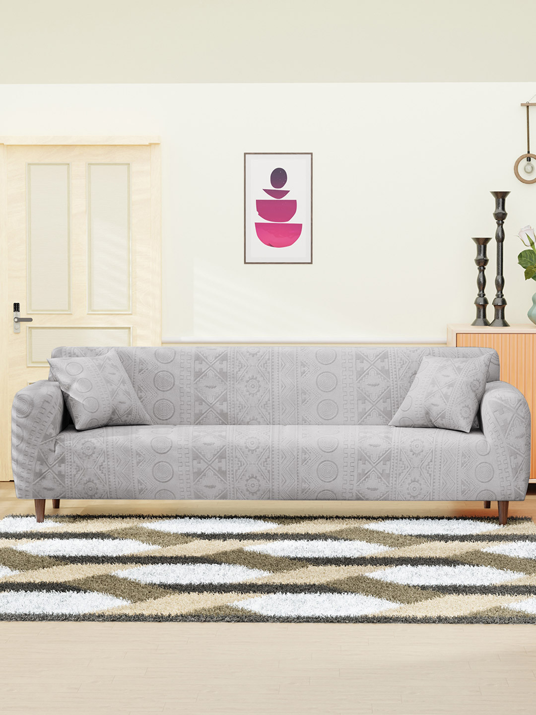 Lukzer Grey Tribal Pattern 4 Seater Sofa Cover With Arms