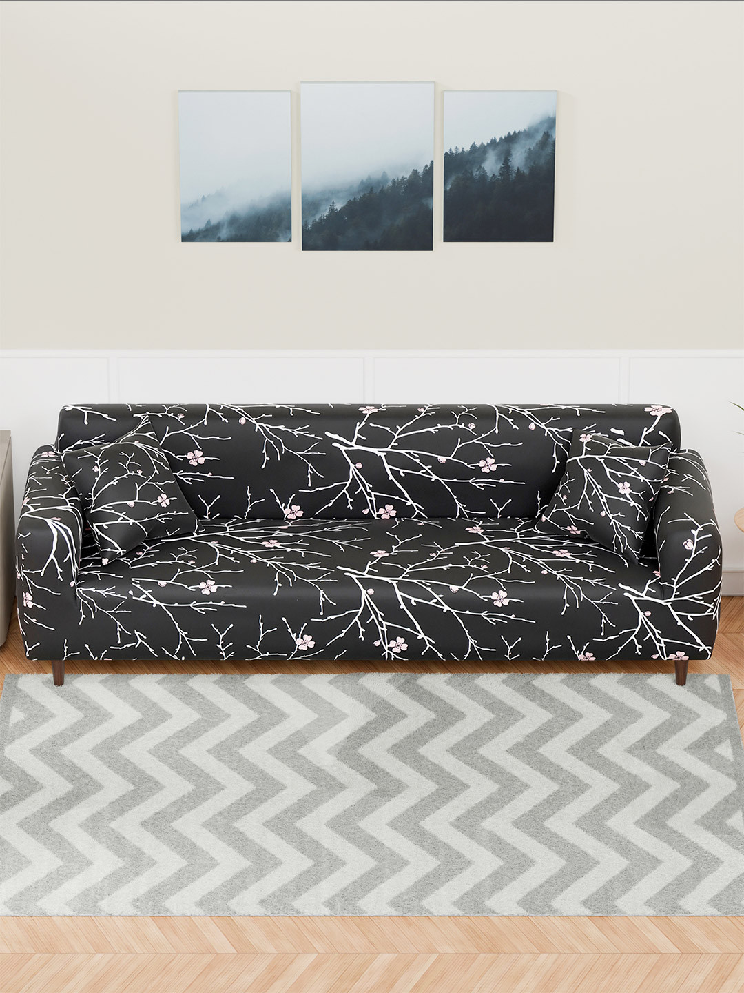 Lukzer Black and White Floral Printed 4-Seater Sofa Cover With Arms