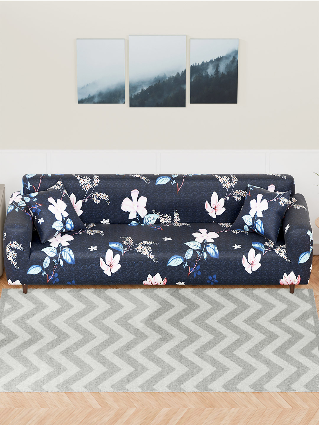 Lukzer Blue and White Floral Printed 4-Seater Sofa Cover With Arms