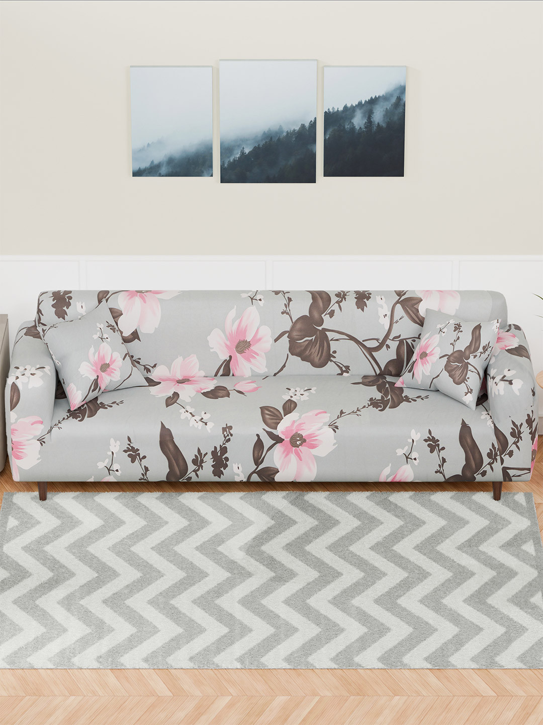 Lukzer Pink and Grey Floral Printed 4-Seater Sofa Cover With Arms
