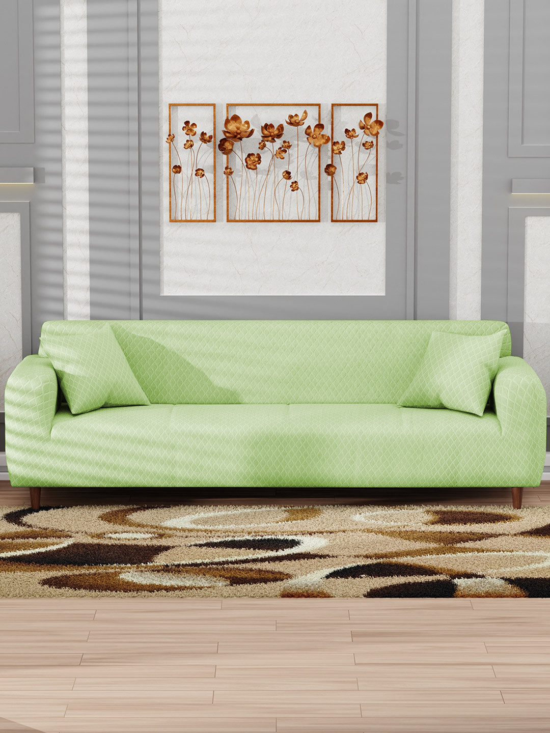 Lukzer Green Curved Diamond Pattern 4 Seater Sofa Cover With Arms