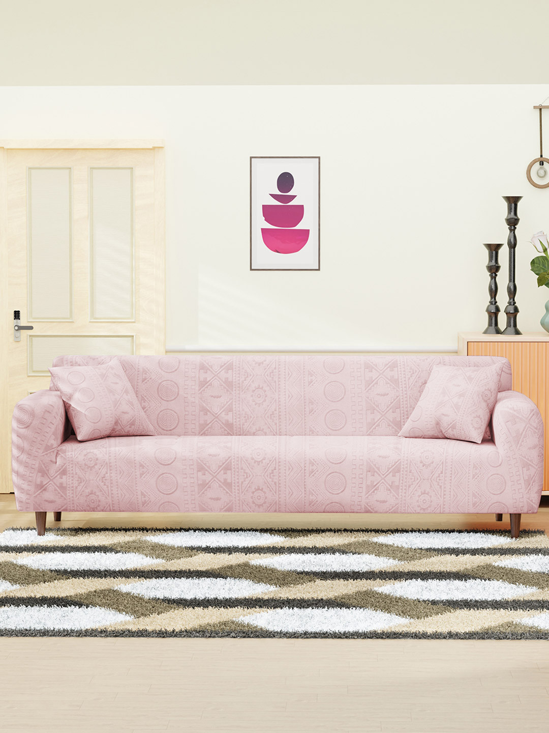 Lukzer Pink Tribal Pattern 4 Seater Sofa Cover With Arms