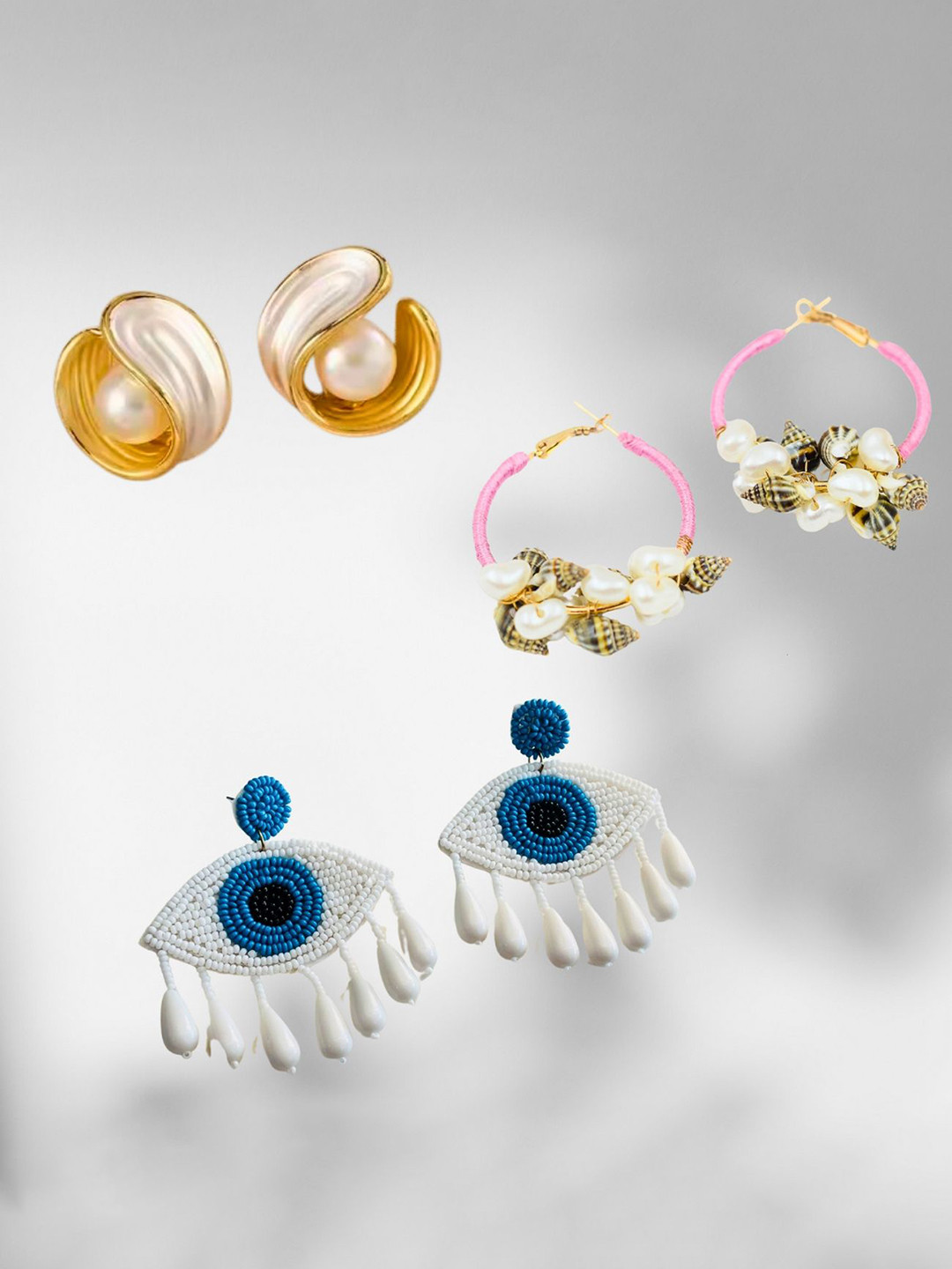 ISHKAARA Set Of 3 Gold-Plated Stone Studded Studs, Drop And Hoops Earrings