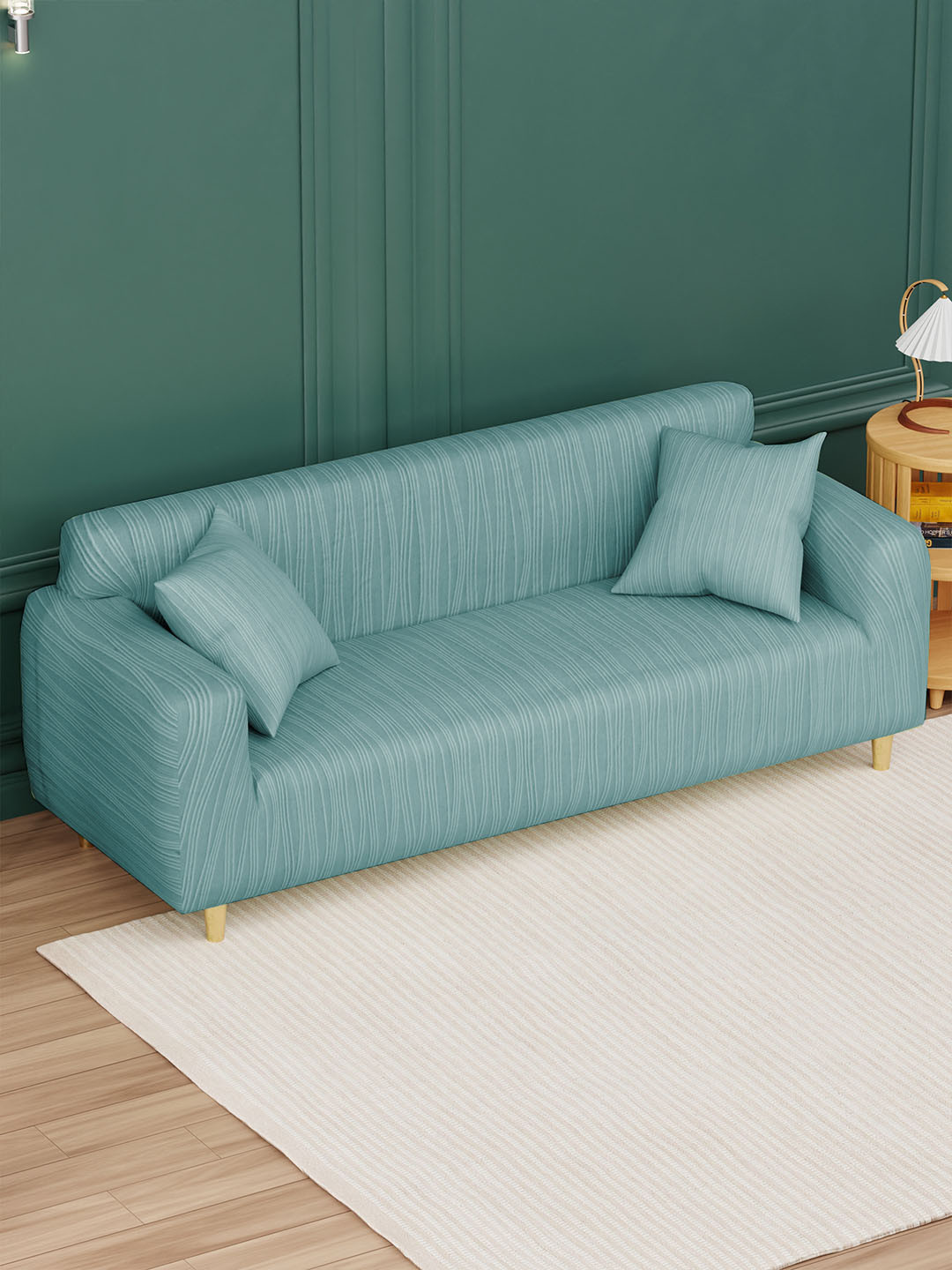 Lukzer Blue Wavy Stripes Self Design 3 Seater Sofa Cover With Arms