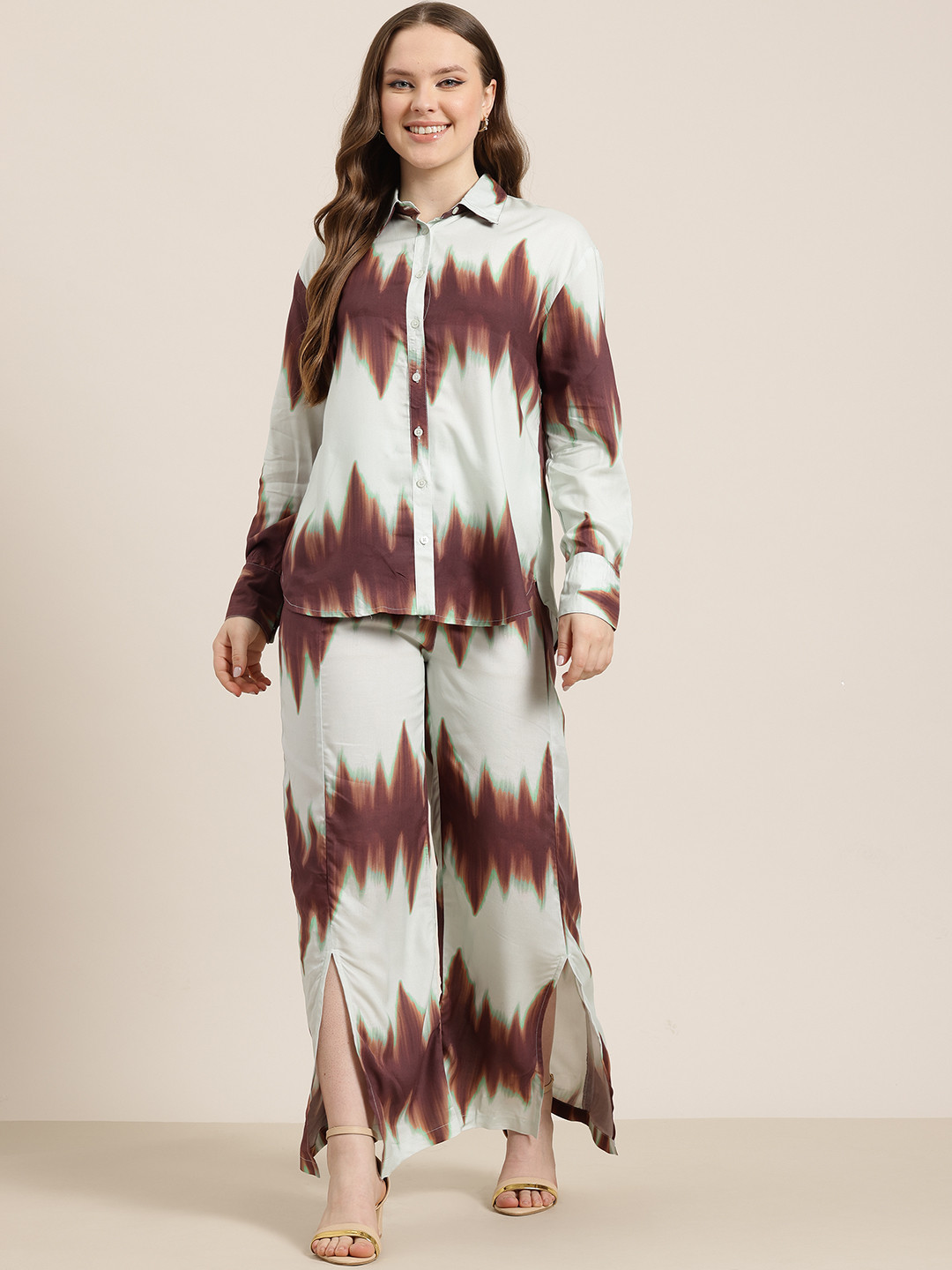 HERE&NOW Abstract Printed Co-ords with shirt and slit open bottom