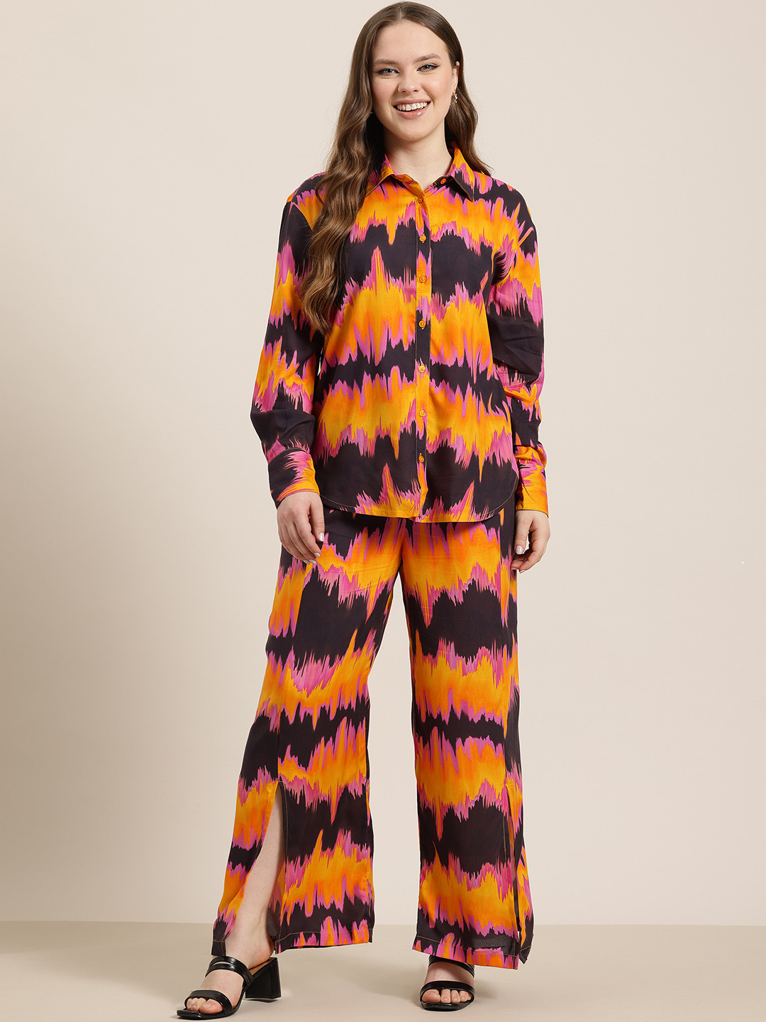 HERE&NOW Abstract Printed Co-ords with shirt and slit open bottom