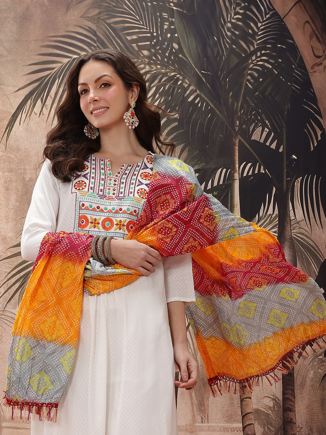 Sangria Yoke Design Mirror Work Embroidered Kurta With Trousers & Bandhani Print Dupatta